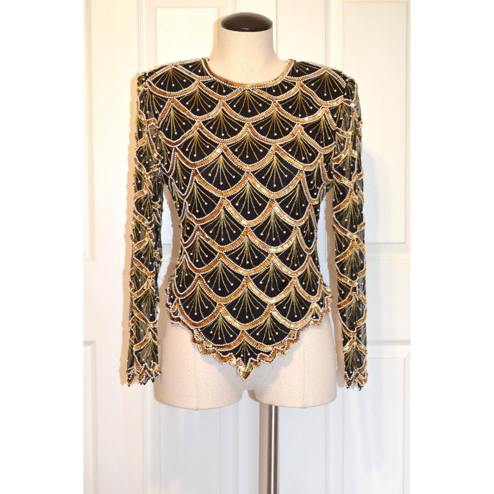 Laurence Kazar Women's Evening Black Silk Blouse Beaded Sequin Design Womens PS